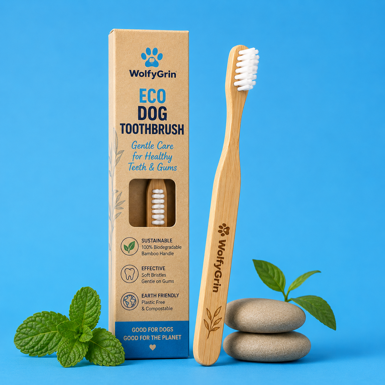 WolfyGrin Eco Dog Toothbrush – Bamboo, Biodegradable, Soft Bristles, All Breeds