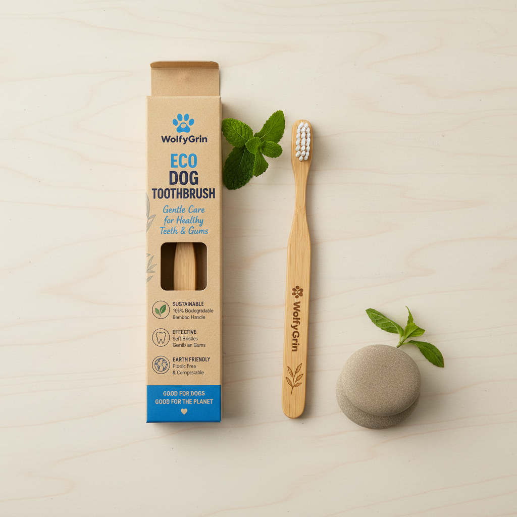 WolfyGrin Eco Dog Toothbrush eco flat lay with mint leaves