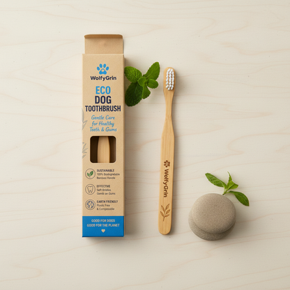 WolfyGrin Eco Dog Toothbrush eco flat lay with mint leaves