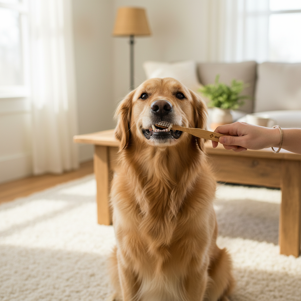 WolfyGrin Eco Dog Toothbrush being used to brush a dog's teeth